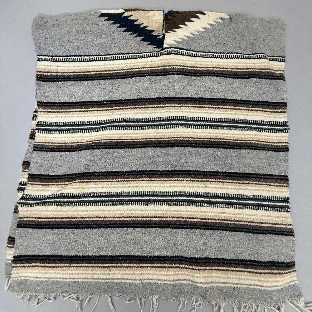Southwestern Serape Style Woven Poncho Shawl Gray Brown Cream Fringe